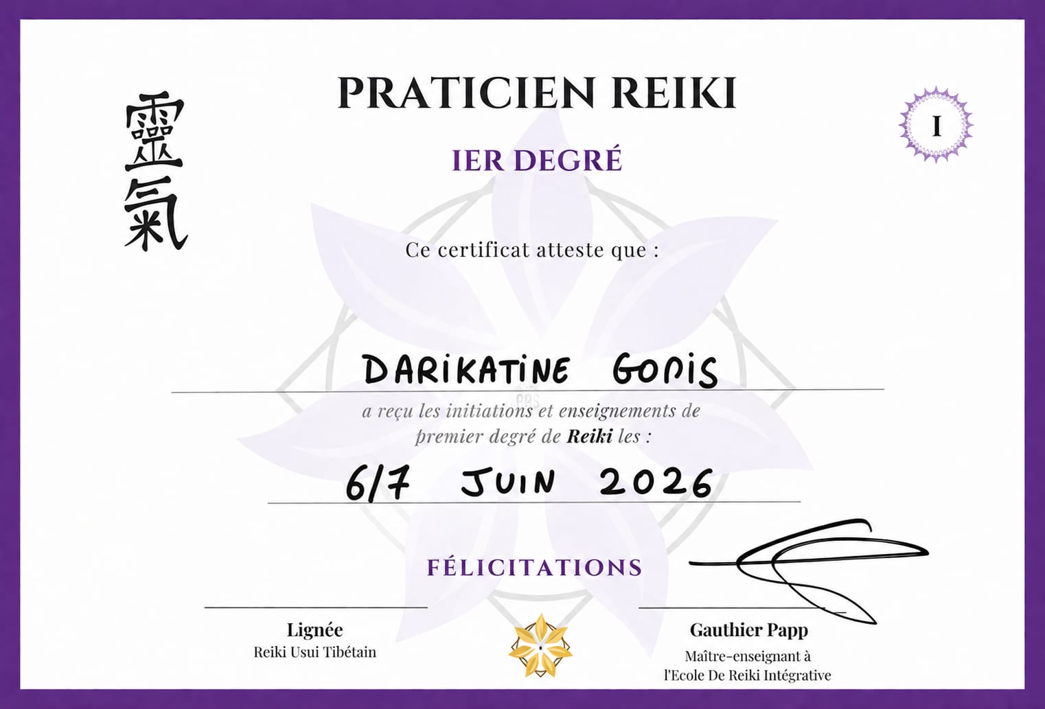 Diplôme Praticien Reiki 1er degré